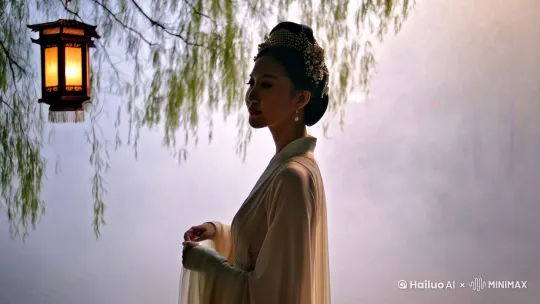 中国风古典唯美摄影，“红楼梦”风格，一位身着华丽汉服的女子优雅地站在柳树下，轻纱飘逸，精致的发髻上点缀着珠翠，宛如古代仕女。她侧身背对镜头，正缓缓转身，仿佛被画面左侧的某处风景所吸引。一盏古色古香的灯笼悬挂在空中，散发出温暖而柔和的光芒，照亮了女子的身影。四周环境朦胧，烟雾缭绕，营造出一种宁静致远的意境。中景，逆光拍摄，捕捉到女子转身瞬间的唯美姿态。 by Hailuo AI Video Generator
