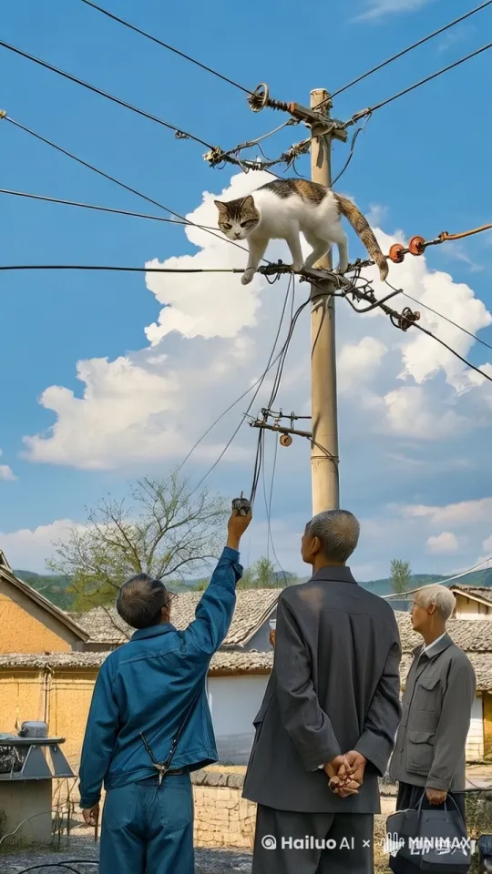猫向上爬，碰到电线时，猫身上火花四溅，被电倒，掉落到地面上，猫变成狐狸跑向远方 by Hailuo AI Video Generator