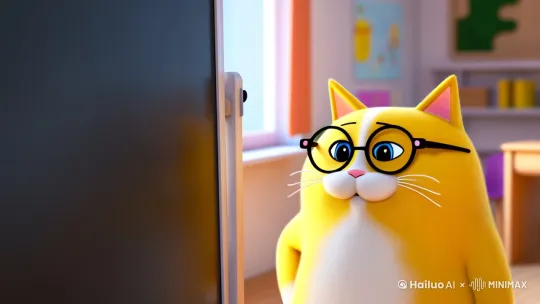 生成一只可爱的眼镜的毛茸茸黄色胖猫咪在教室里，站在黑板旁边指着黑板讲课。黑板不要写字，黑板为主体，要完整的黑板。景深长一点 by Hailuo AI Video Generator
