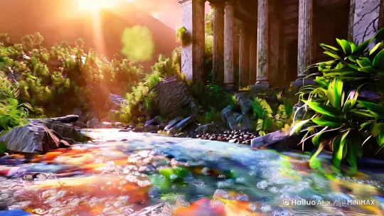 "Hyperrealistic dreamcore cinematography, crystal mountain stream with realistic water foam and pebble reflections, overgrown tropical foliage with visible leaf veins and dewdrops, decaying Western neoclassical architecture with weathered marble textures, golden-pink sunset sky with volumetric clouds, soft light rays piercing through broken pillars, slow upward tilt shot revealing floating stone fragments and atmospheric haze, cinematic depth of field with subtle lens flares, photorealistic rendering mixed with subtle surreal elements, 8K detail, RED cinema camera film grain --ar 9:16 --v 6.0" by Hailuo AI Video Generator