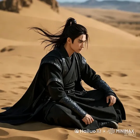 镜头向前推进[推进,上升][左移,推进,右摇]，风吹动人物衣服和头发 by Hailuo AI Video Generator