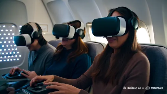 “天空圣殿” 的飞行体验舱内,人们正在通过 VR 与真实飞行结合,亲身感受 AI 重现的古代季风祭祀仪式,无人机群在舱外模拟星象为仪式增添神秘氛围。
飞行体验舱内部设计简洁而充满科技感,白色的舱壁上闪烁着各种指示灯。透过舱内的窗户,可以看到舱外无人机群闪烁的光点模拟出的星象。体验者们头戴 VR 设备,沉浸在虚拟与现实交织的祭祀场景中。框架构图,以飞行体验舱的窗户为框架,将体验者和舱外模拟星象的无人机群框入画面。这种构图突出主体体验者,同时展示外部的科技场景,增强画面的层次感。半身景,着重展示体验者的上半身以及他们与 VR 设备的互动,同时透过窗户展示舱外无人机模拟的星象,突出体验的沉浸感和科技场景的震撼。
1080P 高清画质,清晰呈现体验者的表情变化、VR 设备的细节、飞行座椅的构造以及舱外无人机星象的光点轨迹,让观众感受到体验的真实与震撼。
中景,既能看清体验者在舱内的体验过程,又能欣赏到舱外无人机模拟的星象,展示虚拟与现实结合的独特场景。
标准镜头,自然还原场景的空间感,使观众仿佛与体验者一同置身于这一独特的场景中。营造出沉浸、震撼且充满文化底蕴的氛围 by Hailuo AI Video Generator