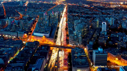 空中城夜景，繁华的城市夜景，车水马龙，镜头从近拉远，空中还有几只鸽子飞过，城市远处突然发生大爆炸，火光冲天，不要模糊，画面清晰，精致，画面不得变形，4K by Hailuo AI Video Generator