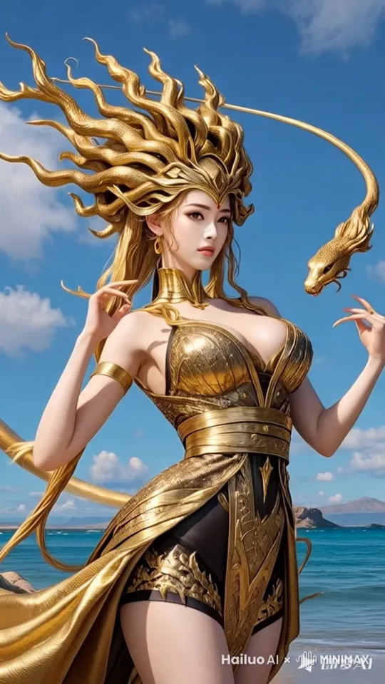 女王晃头转动身体跳舞，姿态优美不失真，面带笑容妩媚动人，发丝微微飘动，裙摆飘逸，蛇头也跟着自然动起来不失真。64K超高清视频 by Hailuo AI Video Generator