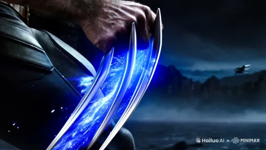 "Close-up slow motion of Wolverine's aged hand, blue nanotech particles swirling around claws, ultra-blue energy blade freezing enemies in mid-air, cinematic lighting with cold quantum blue tones, dynamic camera tracking the blade's crystallization, Houdini particle simulation, 8K resolution, hyper-detailed metallic textures, trending on TikTok --v 6 --style raw"   by Hailuo AI Video Generator
