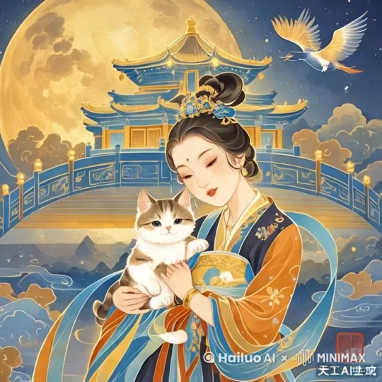 宫殿金碧辉煌[左移,推进,右摇]女人怀抱小猫，小猫在撒娇 by Hailuo AI Video Generator