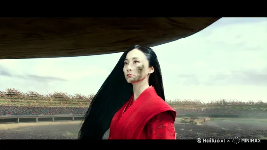 中国古代战场上方[右摇，下降】，画面中出现一位皮肤白皙、黑色长发的、长相漂亮的红衣女战士的中景。女战士脸上隐约有些战斗过的污垢，眼神坚毅 by Hailuo AI Video Generator