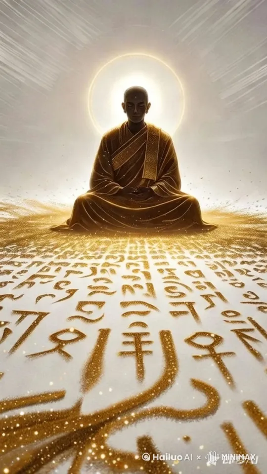 32K高清，僧人面部加亮，静止镜头，图片金色经文缓慢向前飘出画面，背后的经文和经文圆圈缓慢唱顺时针旋转。 by Hailuo AI Video Generator