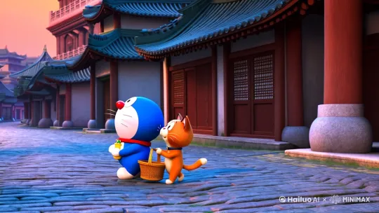哆啦A梦牵着一只小橘猫在重庆动画场景的仿古街道买菜，由小橘猫提着菜篮子。需要自然一点的动图，配柔和音乐。[跟随][上摇] by Hailuo AI Video Generator