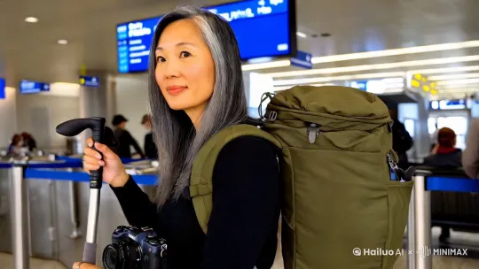 「一位三十岁左右的亚洲女性站在机场登机口前。她的头发有部分已泛白，柔顺地披在肩上。她面容精致，眼神明亮而充满期待。身上背着一个绿色的大旅行包，包身有一些磨损痕迹，彰显出它的“旅行阅历”。腰间一侧挂着一个小巧的黑色相机包，包上金属拉链头反射着登机口柔和的灯光。她右手握着一根登山杖，登山杖的底部橡胶与地面接触，杖身是铝合金材质，在灯光下微微发亮。登机口的指示牌清晰可见，上面的航班信息屏幕闪烁着，周围有一些乘客或坐或站，营造出机场候机的氛围」。 by Hailuo AI Video Generator