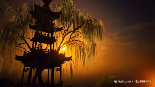 晚照残霞隐画楼，
月轮悄上柳梢头。
风摇烛影愁难尽，
念意绵绵绕不休。
[推出,上升,下摇] by Hailuo AI Video Generator