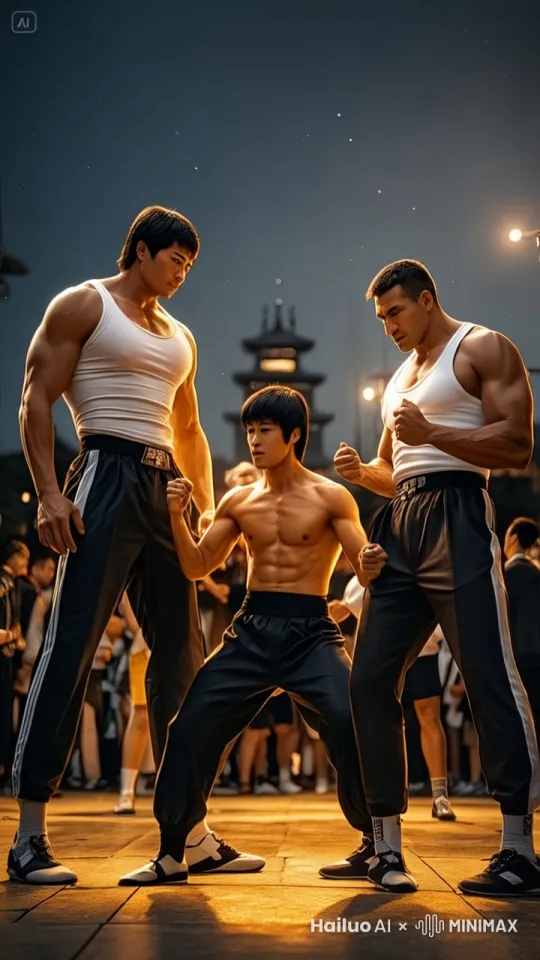 赤膊中国陈真，左右激烈对打，拳打脚踢，打的旁边两个高个子男人节节后退惨叫连连，然后陈真飞起来，左右踢旋风腿无影脚连环踢，飞在空中不停的，快速传达脚踢，转圈旋风腿无影脚连环踢 by Hailuo AI Video Generator