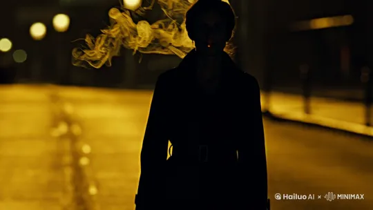 纪实摄影风格，夜幕低垂，一位身穿黑色风衣的女性独自走在荒凉的城市街道上，她的背影逐渐拉长，渐行渐远。她右手轻夹一支燃烧的香烟，烟雾缭绕，增添了几分神秘与孤寂。四周空旷无人，只有远处昏黄的街灯投射出微弱的光芒，营造出一种孤独而深邃的氛围。长焦镜头捕捉这一刻，仿佛能听见她脚步声回荡在这寂静的夜晚。中景，背影行走，烟雾轻袅。 by Hailuo AI Video Generator