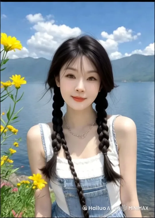 海水流动，花朵摇动，发丝飞动，微笑 by Hailuo AI Video Generator