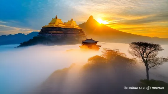 VR武当山一日游体验视频脚本（15秒）
背景音乐：空灵古琴旋律，搭配风声与鸟鸣，营造仙山氛围。
旁白（沉稳男声，中速）：
“千年道教圣地，武当山VR漫游启程——”

【镜头1】（全景俯冲，VR视角穿越云海）
云雾缭绕的群峰间，天柱峰金顶金光闪烁，无人机视角俯冲至太和宫，展现“天下第一仙山”的壮阔927。
字幕：“太和宫金顶之巅·明王朝皇家道场”

【镜头2】（第一视角穿梭古建筑群）
VR镜头推进紫霄宫大殿，雕梁画栋与道教壁画细节清晰，道士晨课诵经声渐起2227。
旁白：“紫霄宫·皇家祈福之地”

【镜头3】（动态悬空视角）
南岩宫“龙头香”悬于绝壁，镜头模拟凌空行走，脚下深渊万丈，远处群峰如剑922。
字幕：“南岩宫·绝壁上的信仰”

【镜头4】（沉浸式互动场景）
太子坡九曲黄河墙红色长廊，VR视角随长廊蜿蜒而上，偶遇武当弟子演练太极拳，拳风带动虚拟落叶纷飞917。
旁白：“太子坡·武当武术之源”

【镜头5】（全景收尾+LOGO）
夕阳下金顶与云海交融，镜头拉远至武当山全景，浮现“VR武当·一步登仙”LOGO27。
旁白：“武当山VR——身未动，心已至仙山。”

技术特效：

镜头切换加入水墨晕染转场，呼应道教文化。

关键场景触发交互点（如点击“龙头香”弹出历史解说）。

VR视角模拟山风触感与松香气息（需设备支持）。

引用依据：融合多个网页推荐的标志性景点（金顶、紫霄宫、南岩宫、太子坡）及文化元素（道教建筑、武术表演），结合VR技术强化沉浸感92227。 by Hailuo AI Video Generator