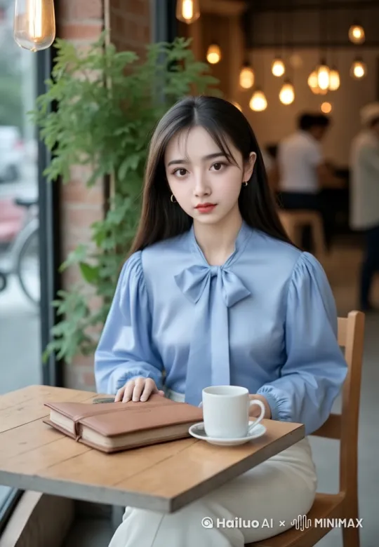 [左移,推进,右摇]一位女人在咖啡厅，神情悠闲 by Hailuo AI Video Generator