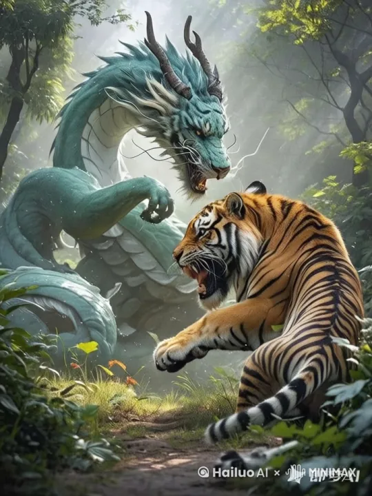 /龙拍虎头，虎闪开，虎扑龙，龙盘虎 by Hailuo AI Video Generator