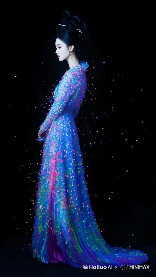 昏暗的灯光下，眼神清晰的美女，转过身来，看向屏幕，缓缓舞动中国古典舞蹈，眼神忧伤的美丽，肢动缓缓移动，营造出凄美动人的氛围。镜头跟随 by Hailuo AI Video Generator