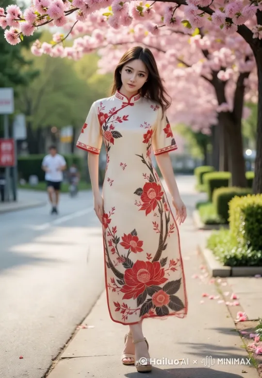 [[跟随]]一位女人在从正面走来，微风吹起了头发，天空中飘落许多花瓣 by Hailuo AI Video Generator
