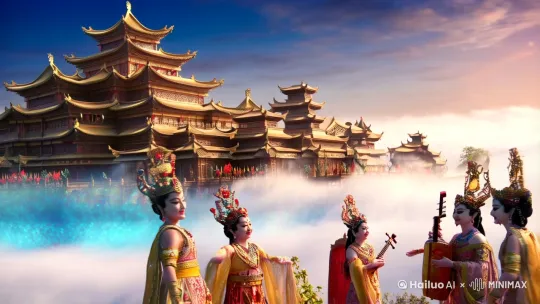 天宫漂浮在旋转的云层中，众神奏乐起舞，背景空灵虚幻，细节精致华丽，灵感来自中国古典建筑 by Hailuo AI Video Generator