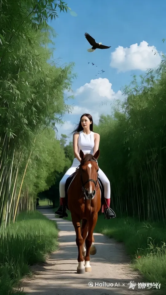 马走在路上，头上的大雁在飞翔，偶尔发出声音，马好像长了翅膀一样，飞了起来，美女很开心 by Hailuo AI Video Generator