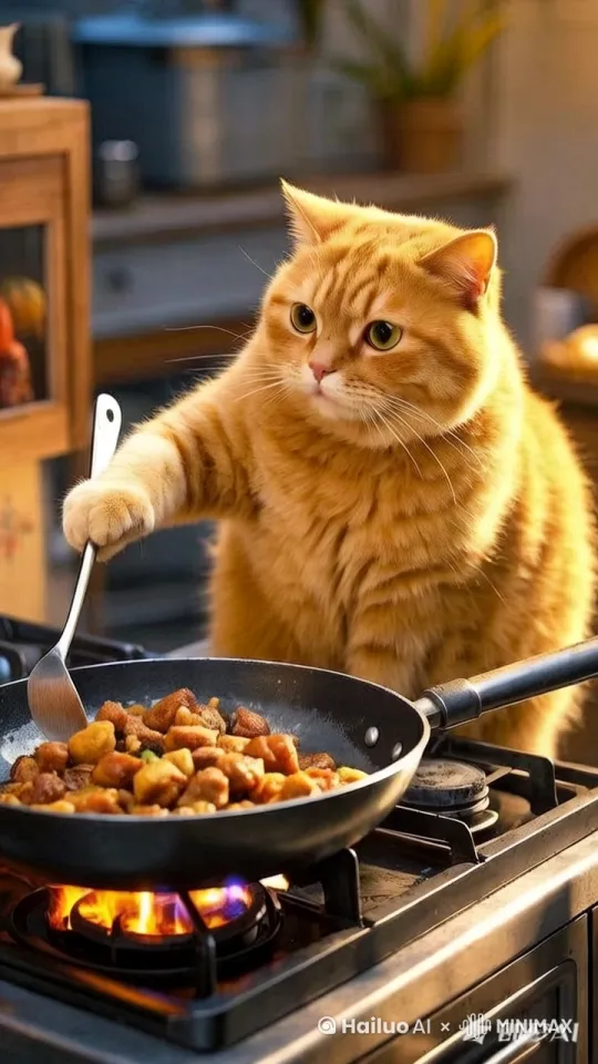 猫炒菜动作逼真 by Hailuo AI Video Generator