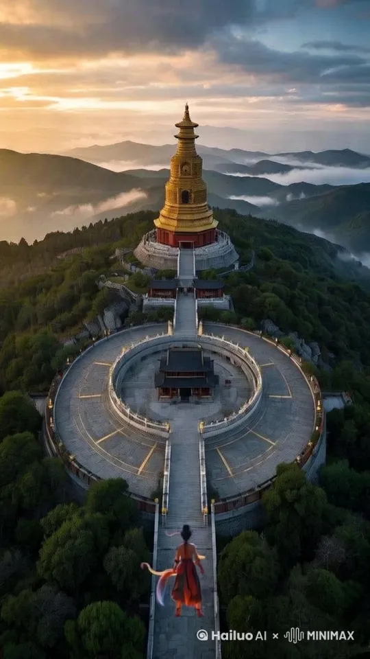 超广角镜头压缩空间纵深，人物成剪影占据左下1/3画幅，右侧被棱角锋利的巨型建筑填满，穹顶突破画框向上无限延伸  
【光影】阴翳天光下建筑泛着青铜色哑光质感，300米高处有零星人造灯光刺破雾霭，玻璃窗格网格状反光如数码矩阵流动  
【细节】建筑表面布满蜂巢状结构单元，通风管道像外露的机械血管，雨水沿纳米涂层的疏水斜面汇聚成银色溪流  
【动态】镜头以0.5倍速匀速横移，建筑立面产生视差滚动的窒息感，飞鸟（或无人机群）以倾斜轨迹划过画面右上缺口 by Hailuo AI Video Generator