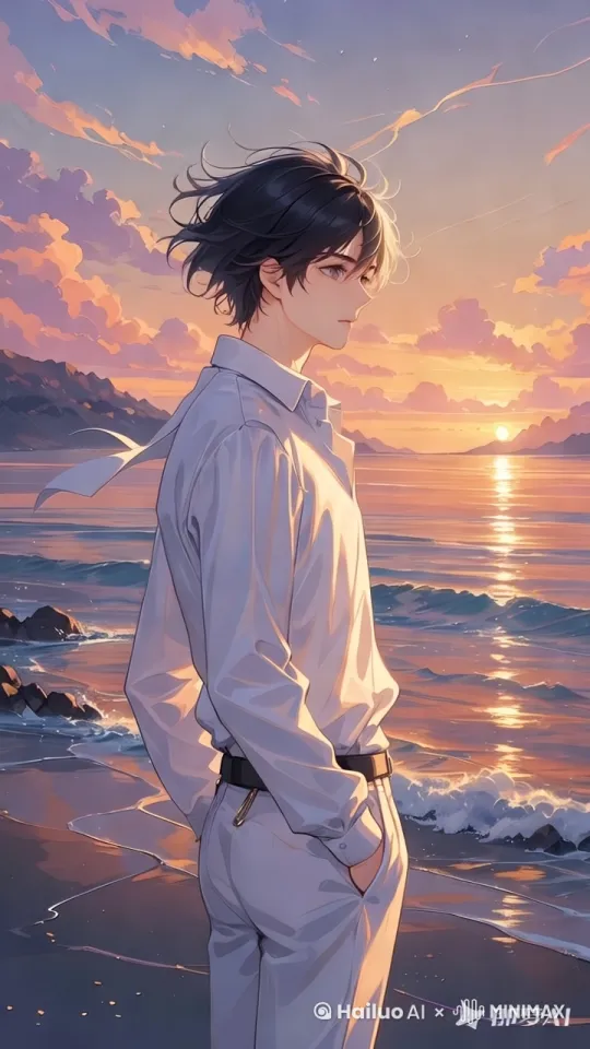 插画风格，帅气男孩站在海边，晚风吹起短发，夕阳天空，温暖色调，穿着白色衬衫和卡其色长裤，侧脸特写，发丝飘动，电影感，高细节，柔和光影[左移,推进,右摇] by Hailuo AI Video Generator