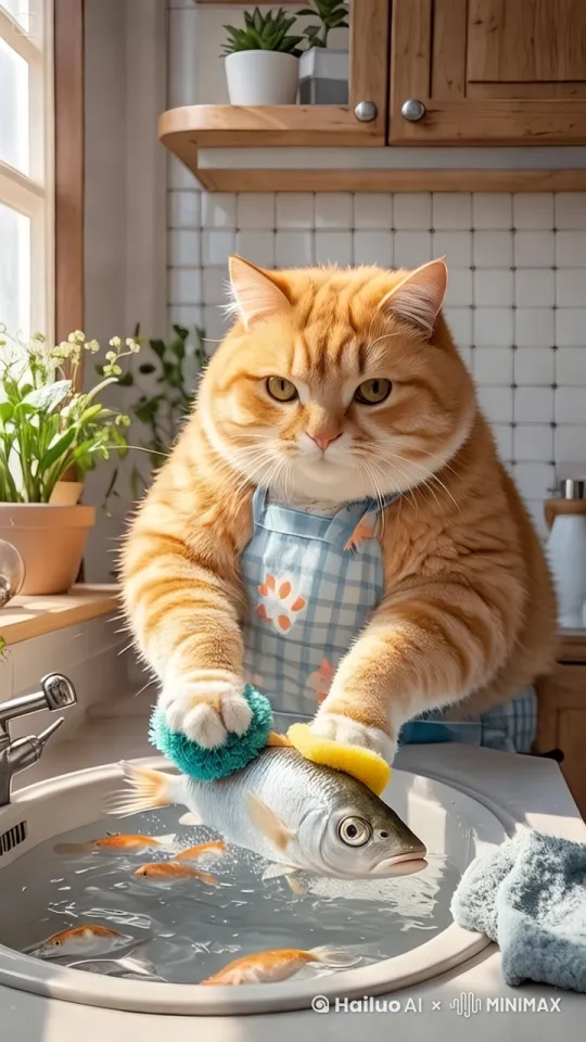 开场镜头：猫咪站在水槽前，表情严肃，手中的鱼和海绵清晰可见。水槽里有几条金鱼游动。
中景镜头：猫咪开始用海绵轻轻擦拭鱼的身体，动作缓慢而细致。水槽里的金鱼继续游动。
特写镜头：猫咪的脸部特写，表现出专注的神情，眼睛盯着手中的鱼。
中景镜头：猫咪继续擦拭鱼的动作，水槽里的金鱼游动得更加活跃。
远景镜头：整个厨房场景，阳光透过窗户照射进来，照亮了猫咪和水槽。
特写镜头：猫咪手中的鱼和海绵的细节，鱼鳞在阳光下闪闪发光。
中景镜头：猫咪完成擦拭动作，将鱼放回水槽，金鱼继续游动。
结束镜头：猫咪满意地看着水槽里的鱼，表情放松。 by Hailuo AI Video Generator