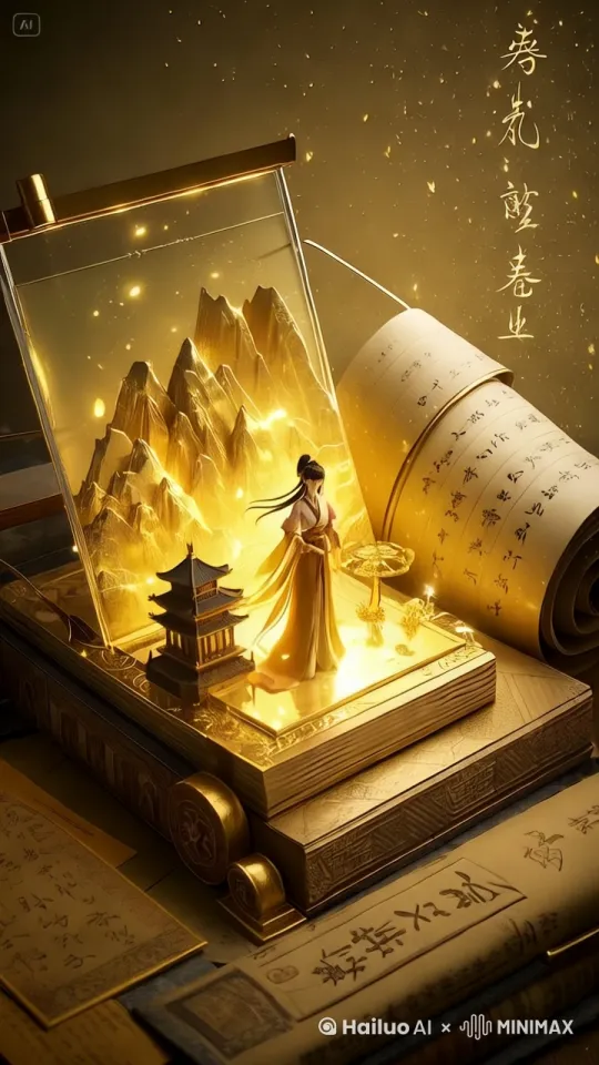 画卷中的人翩翩起舞，画卷中的山随着主体转动，围绕主体运镜 by Hailuo AI Video Generator