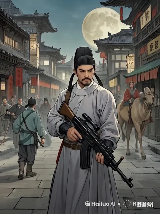 端起手中的枪向镜头走来，嘴里还说着什么～ by Hailuo AI Video Generator