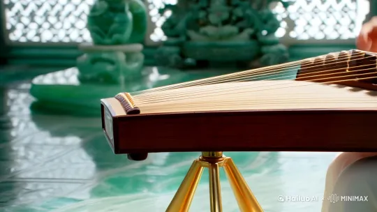 听筝
李端〔唐代〕

鸣筝金粟柱，素手玉房前。
欲得周郎顾，时时误拂弦。 by Hailuo AI Video Generator