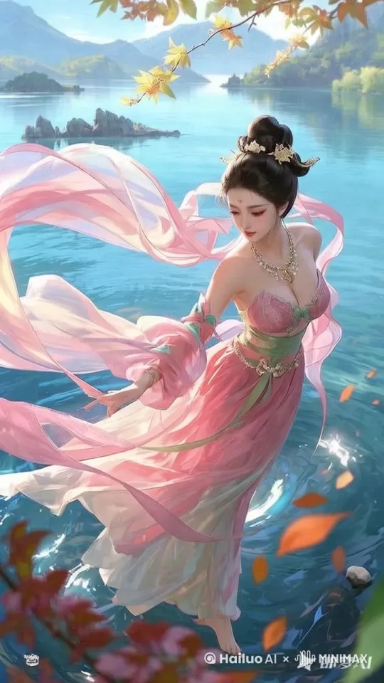 （美女从水面飞向天空，烟雾缭绕 by Hailuo AI Video Generator