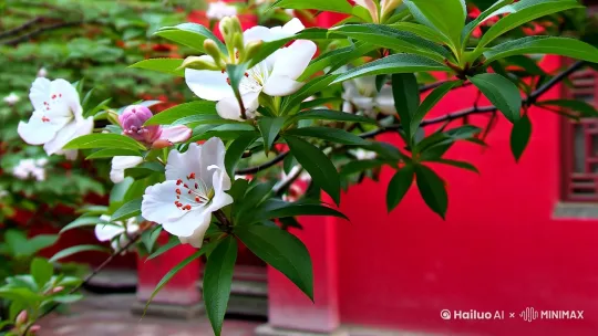 一枝开满白色花朵的花枝，花朵间夹杂着嫩绿的叶片，还有一朵花苞呈淡粉色 。花枝的背景是一面鲜艳的红墙，强烈的色彩对比，营造出一种古典而唯美的氛围。这样的场景常让人联想到中式园林或古建筑庭院，传递出宁静、雅致的韵味，高分辨率 ，电影级调色[左移,推进,右摇] by Hailuo AI Video Generator