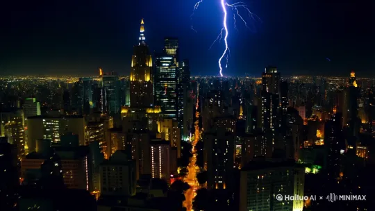 城市的夜空中闪过一道雷鸣[推进,上升] by Hailuo AI Video Generator