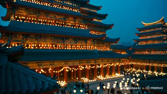 夜晚元宵灯会  古建筑群   灯火辉煌[推进,上升] by Hailuo AI Video Generator