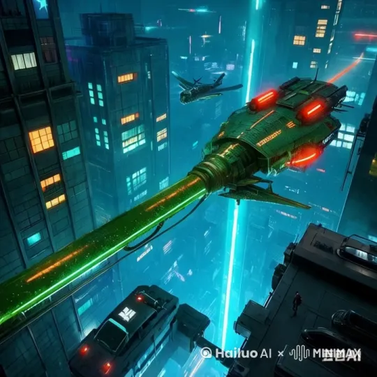 在夜幕的笼罩下，赛博城市宛如一座光怪陆离的不夜城。巨型龙脉光纤从城市的一端蜿蜒至另一端，它比周围最高的建筑还要高大，仿佛一条沉睡许久却即将苏醒的巨龙。光纤表面附着着青铜器独有的绿锈，在城市霓虹灯和镭射灯的映照下，绿锈闪烁着神秘的幽光，与周围的科技霓虹色彩形成奇异又和谐的视觉碰撞。
 光纤两旁，高耸入云的摩天大楼鳞次栉比。这些建筑的外墙由透明的高强度纳米玻璃和闪耀着金属光泽的合金构成，每扇窗户后都透出柔和的光线，像无数双眼睛注视着这一切。大楼的顶部，悬浮着各式各样的飞行载具停靠平台，闪烁着指引灯光，不时有流线型的飞行器呼啸而过，喷射出蓝色的等离子尾焰。
 
街道上，悬浮的汽车在有序穿梭，它们的车身散发着淡淡的蓝光，与地面上的磁悬浮轨道相互呼应。行人匆匆而过，他们有的穿着带有发光纹路的智能服装，有的戴着能实时显示信息的增强现实眼镜，还有的牵着仿生宠物，整个城市充满了科技与未来感 by Hailuo AI Video Generator
