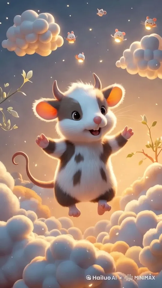 [跟随]新物种看向镜头，开心的笑着，快乐的在云端上蹦跑，身上金光闪烁，过程顺滑，无变形，严格按照提示词生成 by Hailuo AI Video Generator
