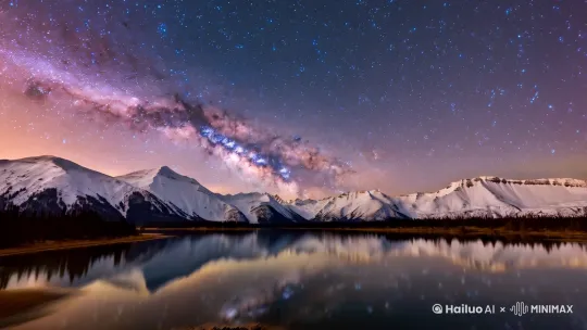 银河下的雪山，星光倒映在湖面，镜头缓慢平移 by Hailuo AI Video Generator