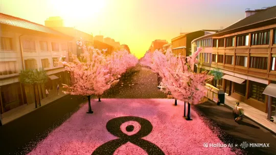 "温暖阳光下的城市街道，樱花树随风飘落花瓣，镜头从空中 **俯拍（Crane Shot）** 缓缓下降，聚焦地面由花瓣自然拼成的‘3.8’图案，背景音乐轻柔钢琴曲，画面色调柔粉渐变。"

---

### **场景2：人物与祝福**
**提示词**：  
"一群女生手捧礼物盒，笑着从街道两侧走向镜头中央，镜头 **横移（Crab Shot）** 跟随，礼物盒上贴有‘3.8’闪亮贴纸，特写其中一人打开礼盒，金色气球飞出，慢镜头（Slow Motion）捕捉气球升空瞬间。"

---

### **场景3：动态庆祝**
**提示词**：  
"切换至室内聚会场景，镜头 **旋转（Swivel）** 环绕餐桌，桌上摆满甜品和‘3.8’主题蛋糕，女生们举杯欢呼，手持拍摄轻微晃动，增强真实感，背景虚化突出人物笑容。"

---

### **场景4：艺术化表达**
**提示词**：  
"逆光剪影（Silhouette）下，女生背影走向落地窗，窗外夕阳映出巨大的‘3.8’光影，镜头 **缓慢推近（Dolly In）** 至她手中展开的贺卡，卡片文字：‘致独一无二的你’。"

---

### **场景5：结尾升华**
**提示词**：  
"全景城市夜景，霓虹灯拼成‘Happy Women’s Day’，镜头 **快速拉远（Dolly Out）** 至星空视角，星云隐约组成‘3.8’符号，搭配渐强音乐收尾，字幕浮现：‘致敬每个闪耀的她’。" by Hailuo AI Video Generator