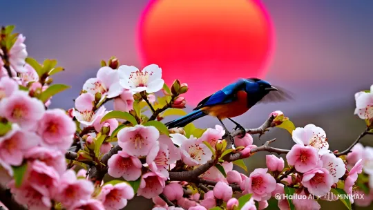 桃花枝上红嘴蓝鹊舞，一轮红日染满天，模糊背景。OC渲染。 by Hailuo AI Video Generator