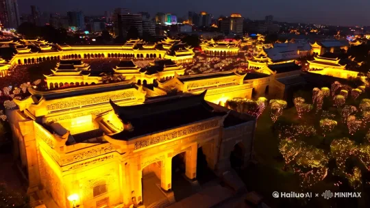 夜晚元宵灯会  古建筑群   灯火辉煌[推进,上升] by Hailuo AI Video Generator