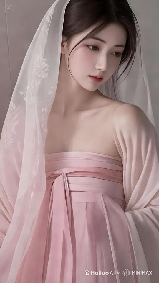 图中的女孩轻轻的抿嘴唇，看向屏幕前的我。害羞的低下了头。女孩的头发丝微微飘动。头纱，衣服随风飘动。她的皮肤微微湿润透亮。肩膀上的衣服薄纱滑落露出迷人湿润的肩膀。镜头推向女孩的面庞。 by Hailuo AI Video Generator
