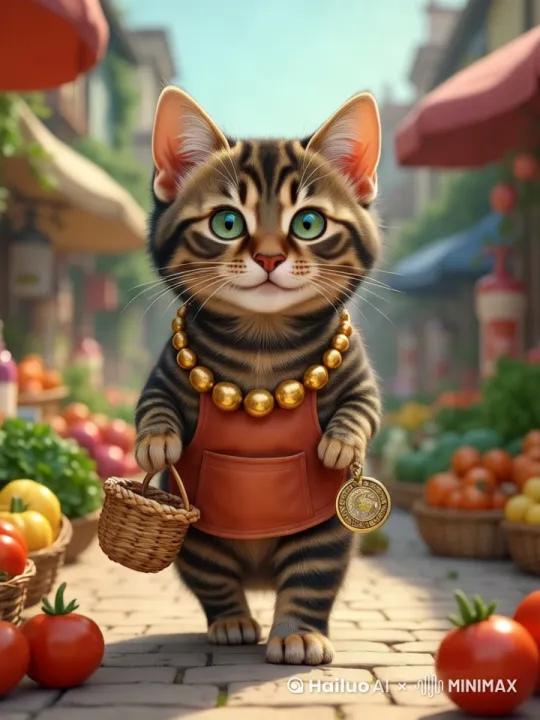 要将这张图片生成一个视频，展示小猫在菜市场买菜并挑选一颗橄榄菜的过程，可以按照以下步骤进行：

1. **场景设定**：保持图片中的菜市场背景，增加一些动态元素，如轻微的风吹动摊位上的遮阳篷，或者偶尔有顾客经过。

2. **小猫的动作**：
   - 小猫从画面中央走向摊位，手中拎着篮子。
   - 小猫在摊位前停下，仔细观察摊位上的蔬菜。
   - 小猫用爪子轻轻拨动摊位上的橄榄菜，似乎在挑选。
   - 小猫最终选中一颗橄榄菜，用爪子拿起，放入篮子中。

3. **动画细节**：
   - 小猫的动作要流畅自然，可以参考真实小猫的动作特点。
   - 小猫的表情可以保持可爱和专注，眼神随着橄榄菜的移动而转动。
   - 橄榄菜在被小猫拿起时，可以稍微晃动一下，增加真实感。

4. **背景动态**：
   - 背景中的蔬菜摊位可以有一些轻微的动态效果，比如蔬菜叶子轻轻晃动。
   - 偶尔有其他顾客经过，但不要过于抢镜，保持小猫作为主角的地位。

5. **音效**：
   - 可以加入一些背景音效，如市场的嘈杂声、风吹动遮阳篷的声音、小猫的脚步声等。
   - 小猫挑选橄榄菜时，可以加入轻微的拨动蔬菜的声音。

6. **光线和色彩**：
   - 保持图片中的明亮光线和鲜艳色彩，突出小猫和蔬菜的生动形象。
   - 可以适当调整光线效果，使小猫的动作更加立体和生动。

通过以上步骤，可以将这张静态图片转化为一个生动的视频，展示小猫在菜市场买菜并挑选橄榄菜的可爱场景。 by Hailuo AI Video Generator