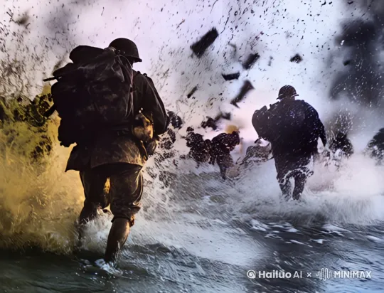 战场的混乱，士兵们背着沉重的装备涉水向前跑[推进,上升]，爆炸的水溅到腿周围，背景中下落的身体模糊的运动 by Hailuo AI Video Generator