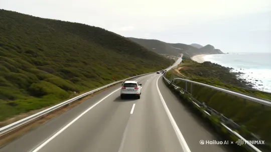 相机向前推进，一辆车在沿海公路上行驶，俯拍，比例16：9 by Hailuo AI Video Generator