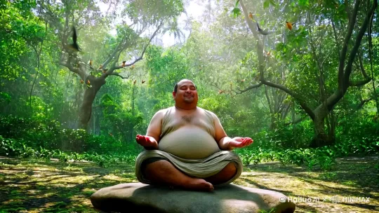 镜头1（广角镜头）：一片茂密的丛林，阳光透过树叶洒下斑驳的光影，鸟儿在枝头鸣叫，空气中弥漫着宁静的气息。
镜头2（中景镜头）：一个胖胖的男人（主角）身穿宽松的禅修服，坐在一块平坦的石头上，双腿盘坐，双手自然放在膝盖上，闭目打坐，神情安详。

音效：

轻柔的鸟鸣声和风吹树叶的沙沙声。
背景音乐：悠扬而宁静的笛声。

字幕：

“在一个宁静的丛林中，一位修行者正在打坐。” by Hailuo AI Video Generator