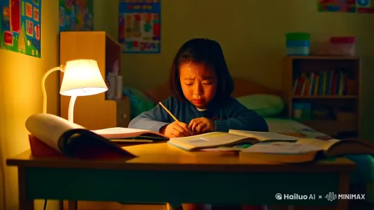 生病还在熬夜的内卷小学生 by Hailuo AI Video Generator