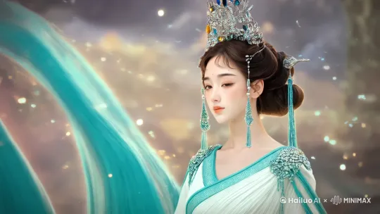 帮我生成一张图片：图片生成信息：一个温婉美人，亚洲面孔，五官精致，棕色头发，，头上戴着华丽的头饰（镶嵌宝石与流苏），古风玄幻风格，半身照，正面镜头，眼神温柔注视前方，身穿奢华古风长裙，青色与白色交织，丝绸质感，背景为玄幻风格的虚无空间，光晕效果，粒子特效，发光粒子点缀，侧光拍摄，突出面部轮廓与头饰细节，高光与阴影对比鲜明，三分法构图，主体位于画面中心，浅景深效果，背景虚化突出主体，色彩柔和，以青色，白色为主色调，画面层次丰富，细节纹理清晰，超高清像素，64K高清出图，艺术感，梦幻场景，高清渲染。比例 4:3。 by Hailuo AI Video Generator