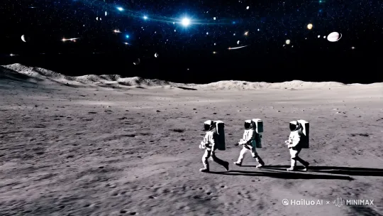 写实摄影风格，三个中国宇航员在月球上漫步，背景是浩瀚宇宙星空，银行系，星球悬浮在太空中异动，深邃的天空[左移,上升] by Hailuo AI Video Generator